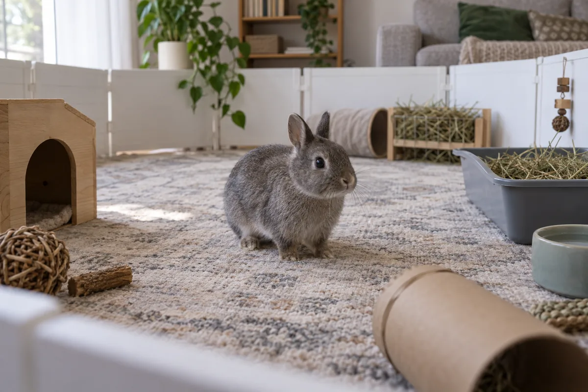 Conejo enano explorando un parque amplio en casa con escondite, heno y bandeja
