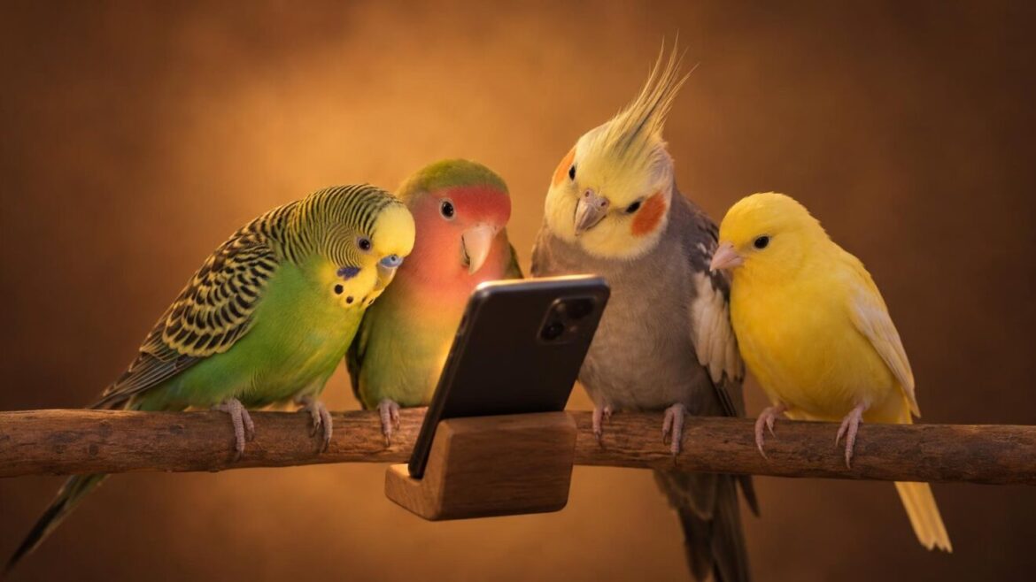 Aves como mascota: periquito, agapornis, ninfa y canario mirando un móvil