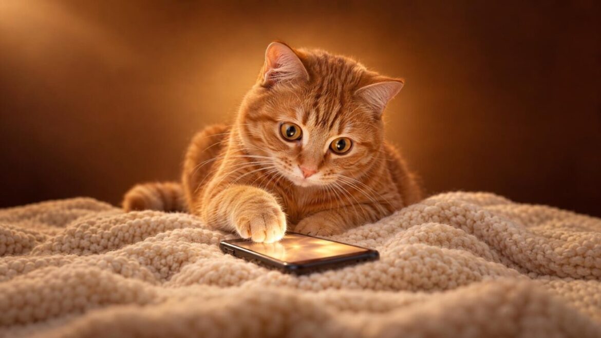 Gato como mascota mirando un móvil