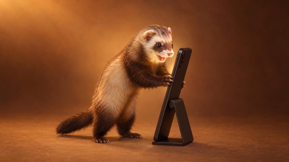 Hurón como mascota mirando un móvil