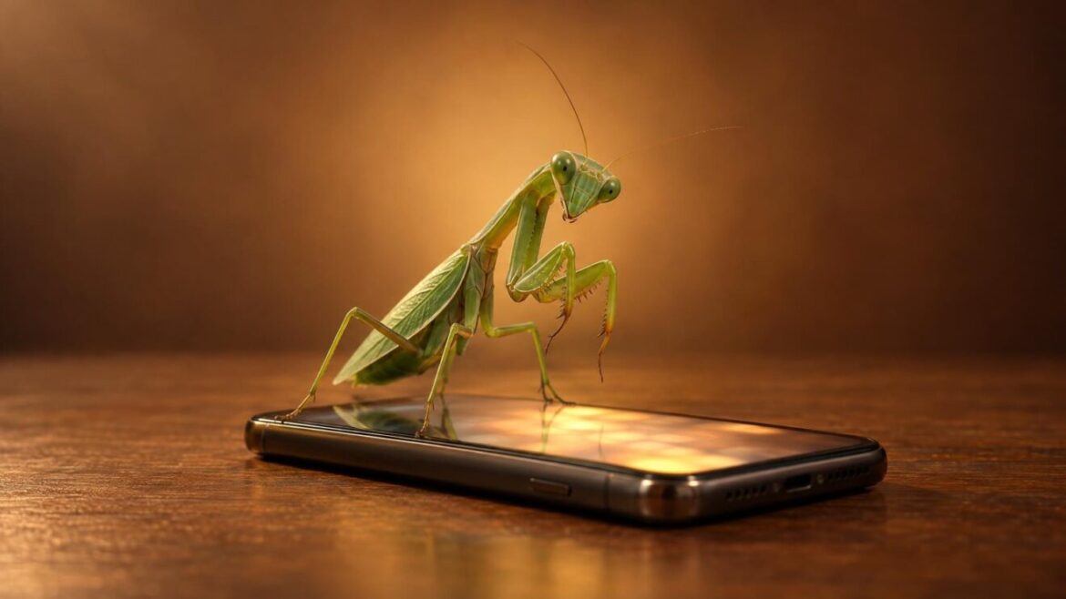 Insectos como mascota: mantis junto a un móvil
