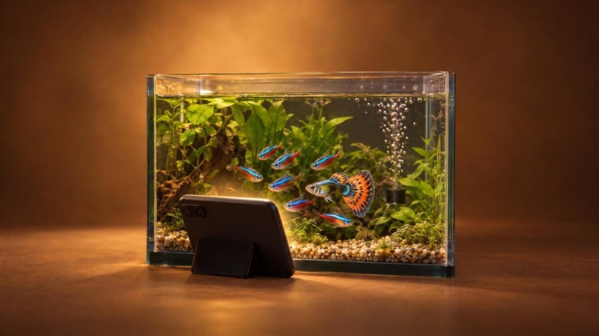 Peces como mascota en un acuario junto a un móvil