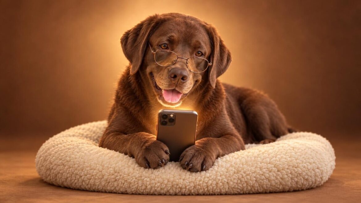 Perro como mascota: labrador chocolate mirando un móvil