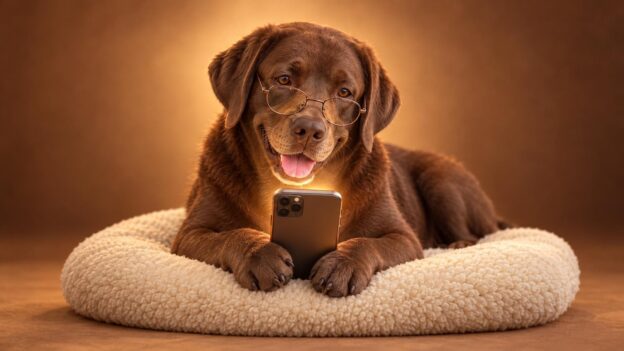 Perro como mascota: labrador chocolate mirando un móvil