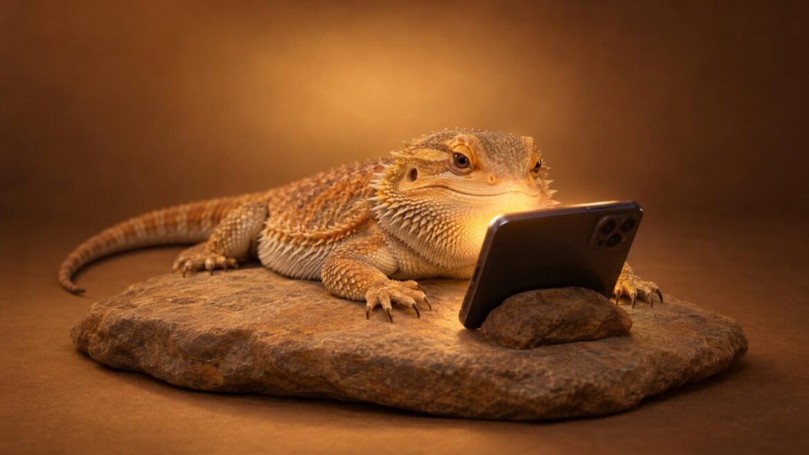 Reptiles como mascota: lagarto mirando un móvil