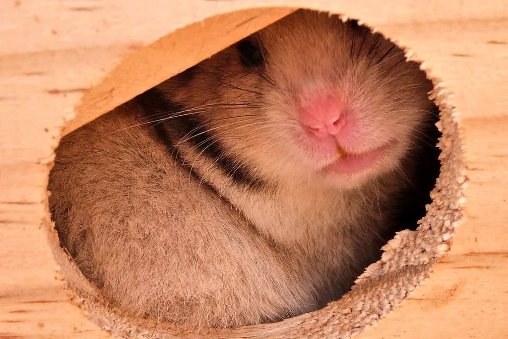 Hámster como mascota asomado a su escondite de madera