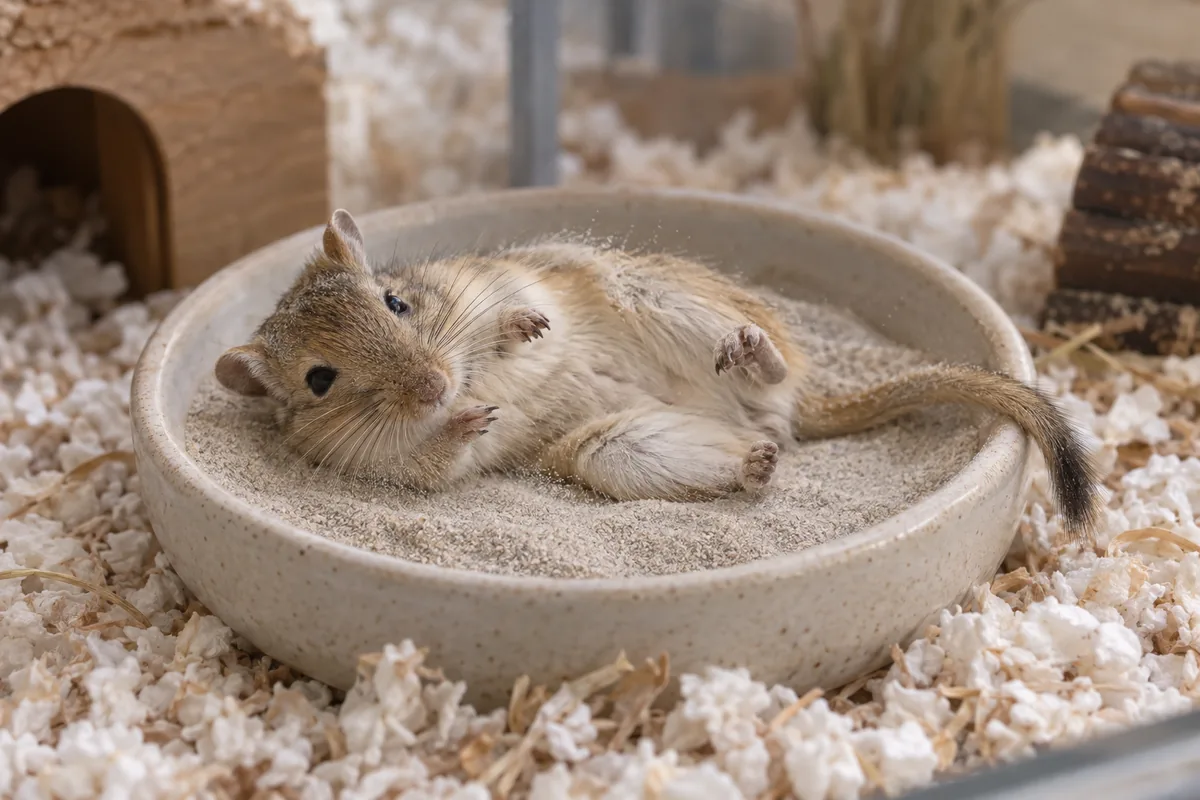 Jerbo revolcándose en un cuenco con arena de baño dentro de su terrario