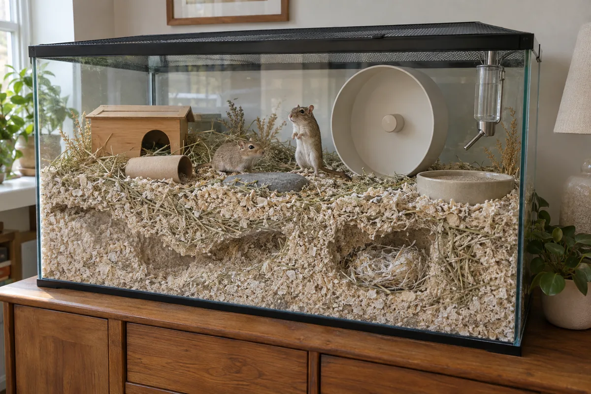 Jaula para jerbos tipo terrario de cristal con sustrato profundo, túneles, rueda maciza y tapa de malla