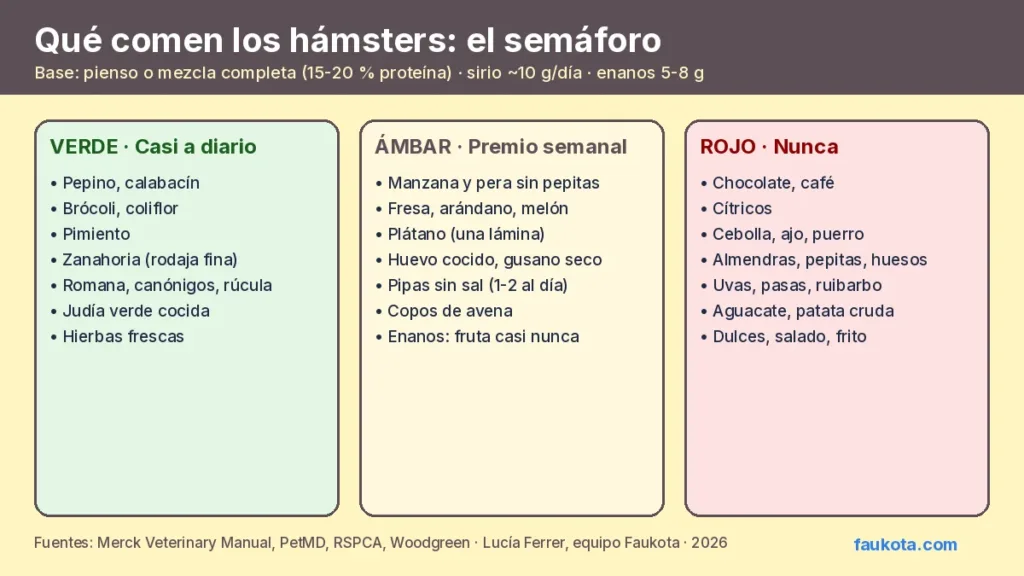 Infografía de qué comen los hámsters: semáforo con alimentos seguros casi a diario (pepino, brócoli, pimiento, romana), premios semanales (manzana, fresa, huevo cocido, pipas) y alimentos prohibidos (chocolate, cítricos, cebolla, ajo, almendras, uvas, dulces)