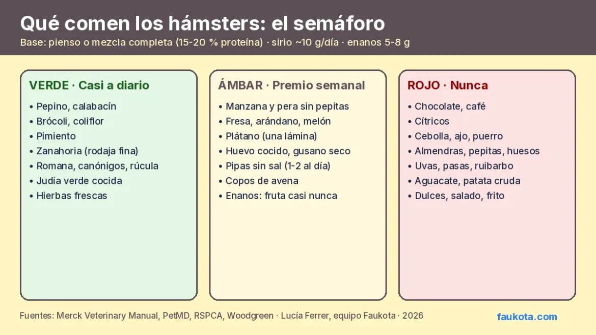 Infografía de qué comen los hámsters: semáforo con alimentos seguros casi a diario (pepino, brócoli, pimiento, romana), premios semanales (manzana, fresa, huevo cocido, pipas) y alimentos prohibidos (chocolate, cítricos, cebolla, ajo, almendras, uvas, dulces)