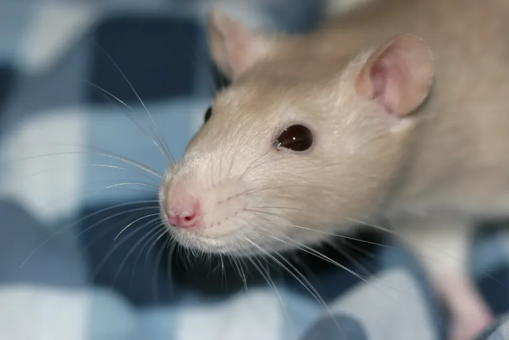 Rata doméstica como mascota: retrato de una rata de color agutí con sus bigotes