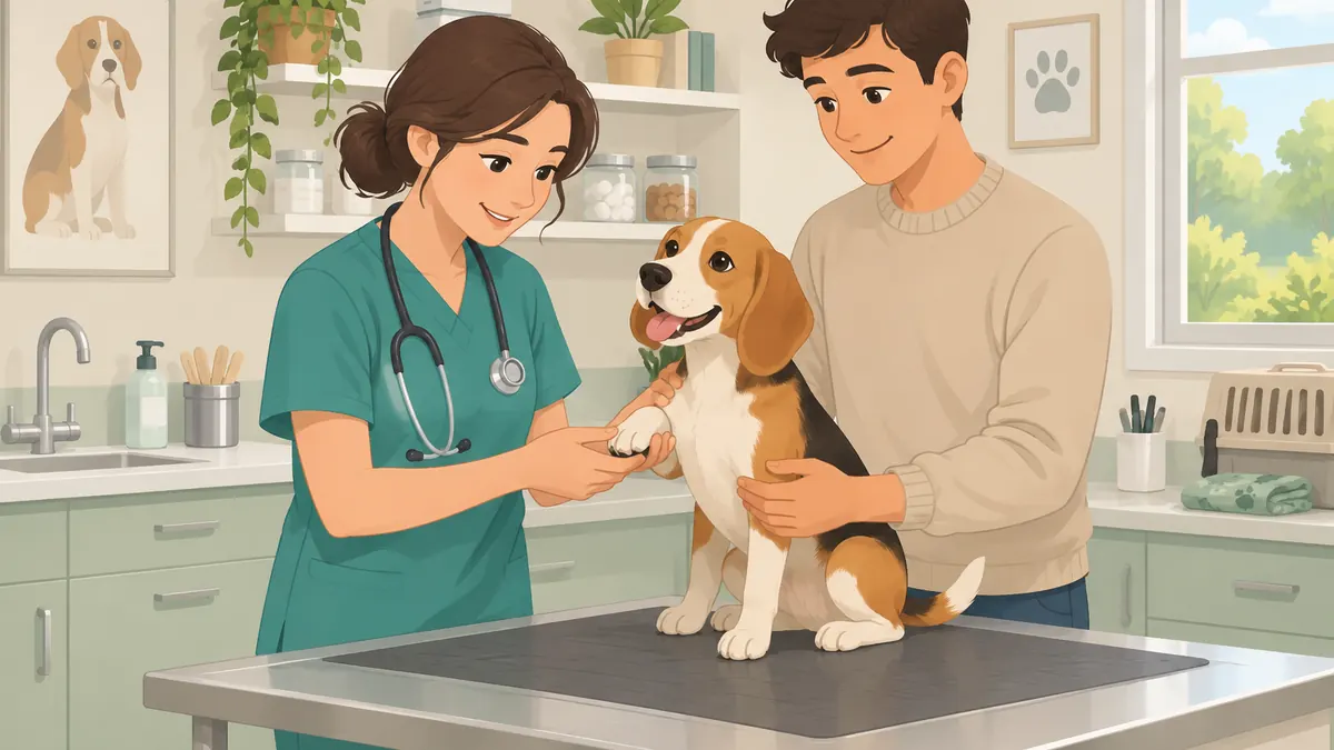 Veterinaria explorando a un perro beagle en la consulta mientras su dueño lo sujeta