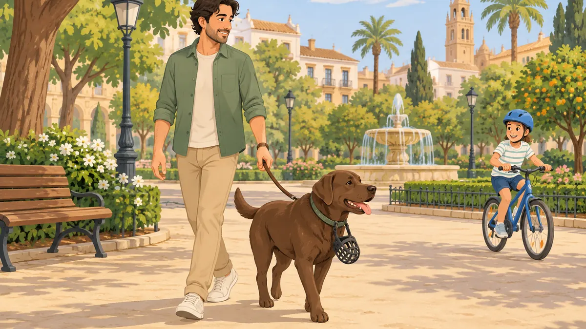 Hombre paseando a un perro grande con correa corta en un parque mientras pasa un niño en bicicleta