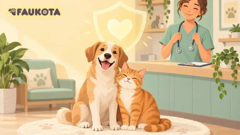 Perro y gato en una clínica veterinaria bajo un escudo de protección: seguro para mascotas