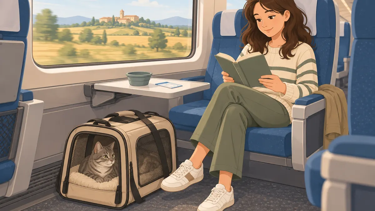Gato en transportín a los pies de su dueña en un asiento de tren de alta velocidad