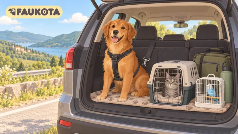 Perro con arnés, gato en transportín y periquito en jaula de viaje en el maletero de un coche: viajar con mascotas