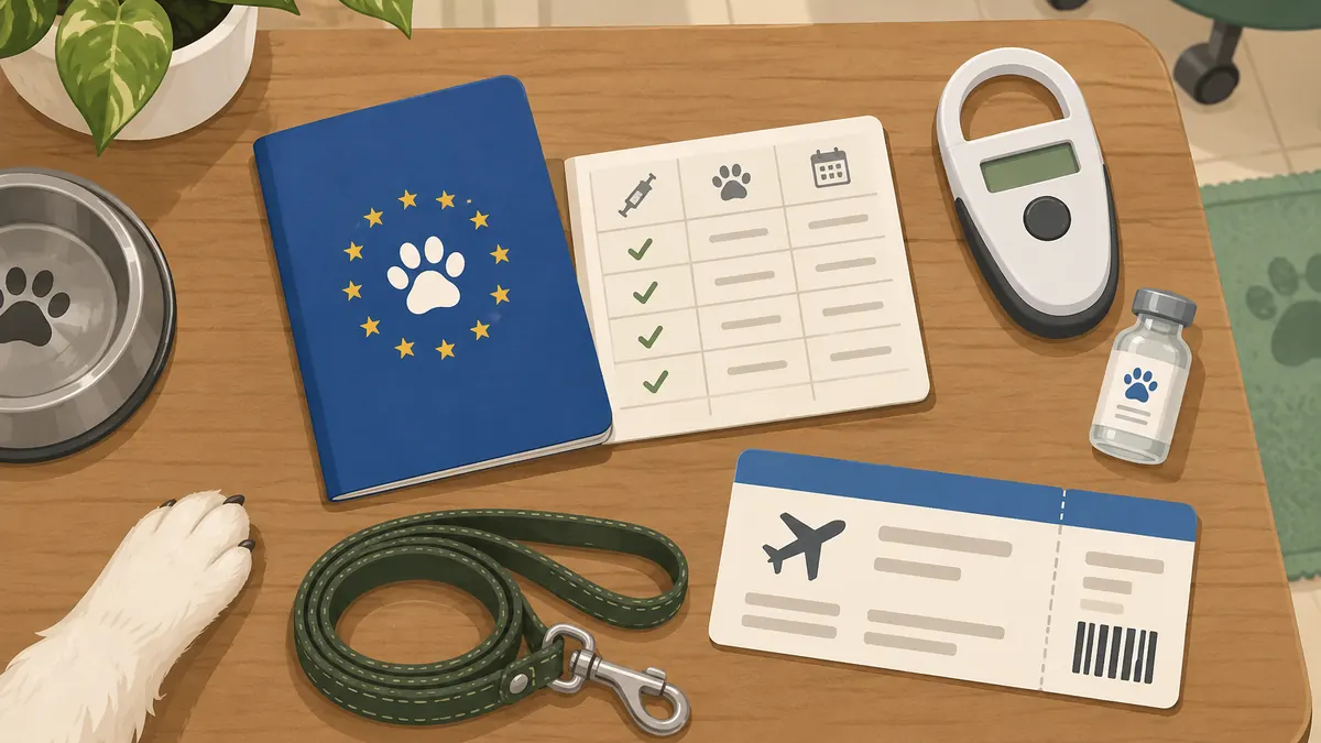 Pasaporte europeo para animales de compañía, cartilla de vacunas y lector de microchip sobre la mesa de una clínica veterinaria