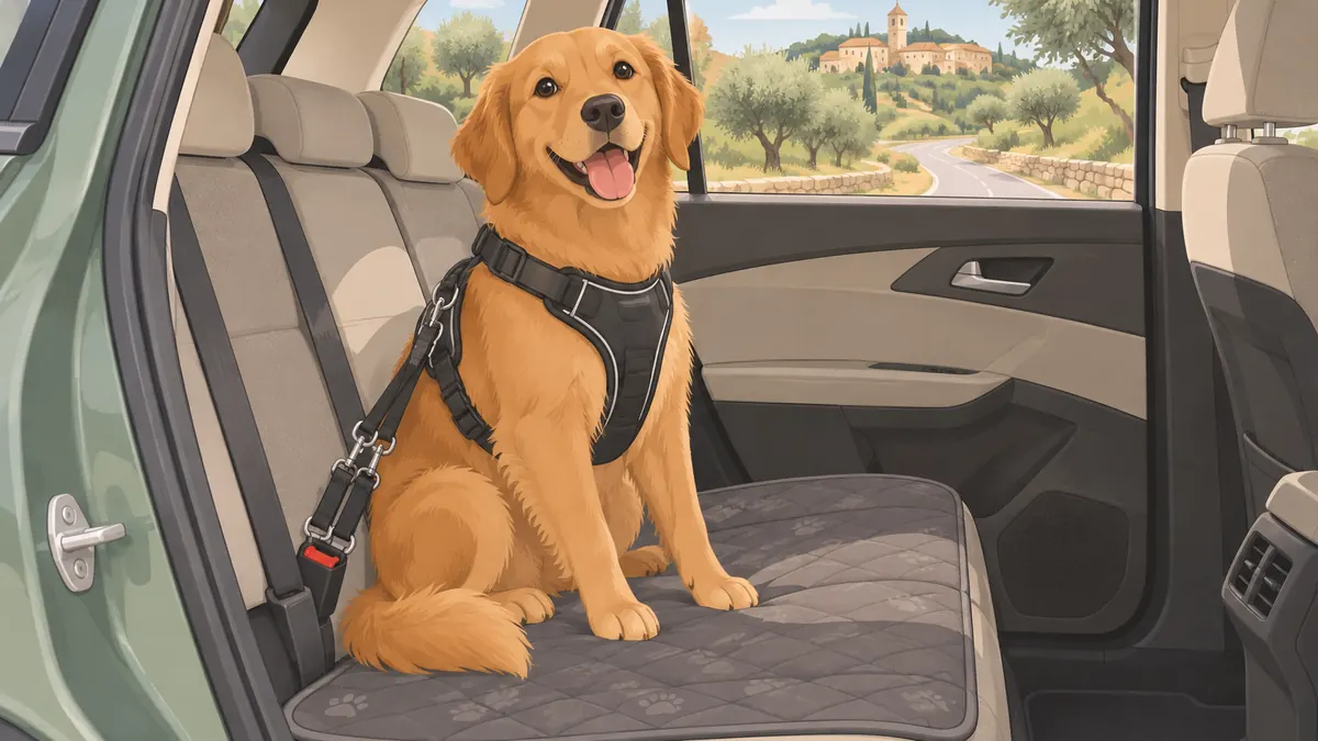Perro con arnés de doble anclaje sujeto al cinturón en el asiento trasero de un coche